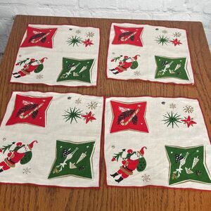 Antique Festive MCM Holiday Napkins set of 4 Red, Green, Gold in retro designs
